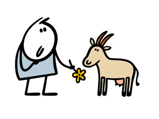 Funny cartoon child on a farm feeds a goat with long horns. Vector illustration of hand drawn stickman gives an animal a wild flower.