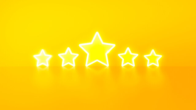 Neon light style 5 stars user rating for feedback or survey on yellow background.