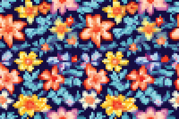 Seamless Pixel art pattern with flowers. Cute floral pattern design. Vector illustration.