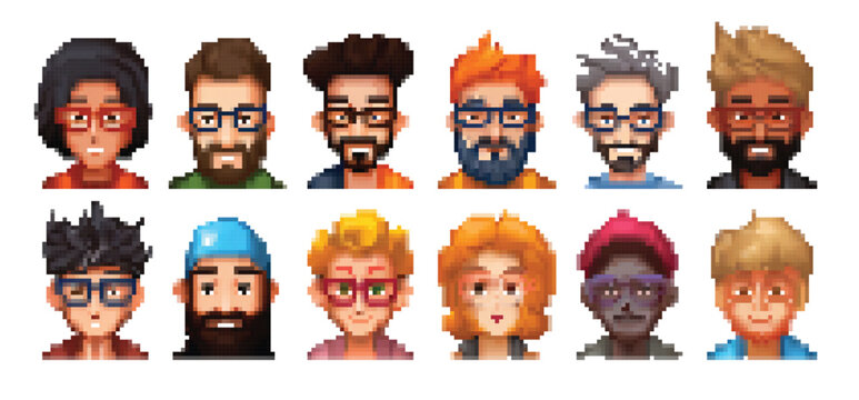 Fototapeta Game pixel avatar. Mobile gaming hero portrait. 8-bit character skin collection. Player pixelated account icon design. Isolated male or female heads. Vector cute digital graphic faces set
