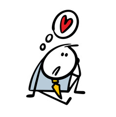 Doodle sad stickman with a broken heart sits on the ground and thinks about love. Vector illustration of a cartoon man in depression.