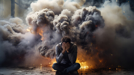 The concept of emotional and professional burnout. A man in an office suit with an expression of desperation sits in a fire. - obrazy, fototapety, plakaty