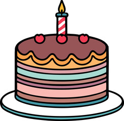 Birthday, wedding, tart cake with candle in flat color vector design in white background