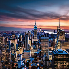  the New York City skyline at twilight, where the shimmering city lights meet the velvety sunset hues, a timeless photograph of New York's enchanting evenings