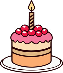 Birthday, wedding, tart cake with candle in flat color vector design in white background