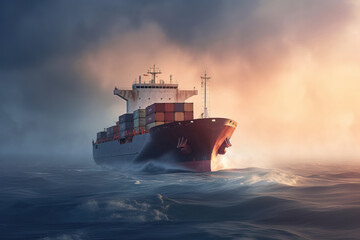 Cargo ship in the open sea, dense morning fog all-around. Overcast weather.	 - obrazy, fototapety, plakaty