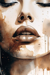 Sensual female face, close-up. Brown colors watercolor painting, coffee colors	