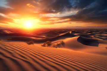 Majestic sand dunes at sunset. Photorealistic landscape illustration generated by Ai