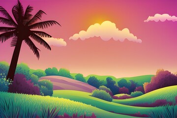 Summer Landscape in beautiful colors. 2d Animation Style illustration. Children Story Book Illustration. Kids Cartoon Background. Generative AI