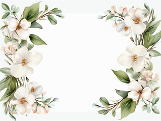 Obraz na płótnie Canvas White Blossom vintage floral frame in watercolor style on white background. Template for greeting or wedding Text generative AI photo