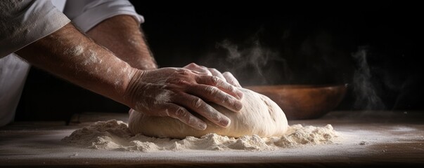 A professional baker kneads dough for fresh bread in his own bakery. Generative AI. - obrazy, fototapety, plakaty