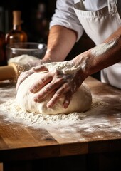 A professional baker kneads dough for fresh bread in his own bakery. Generative AI.