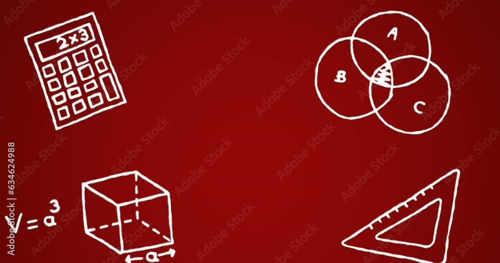 Sticker Animation of calculator, mathematical diagram, cube and scale over red background