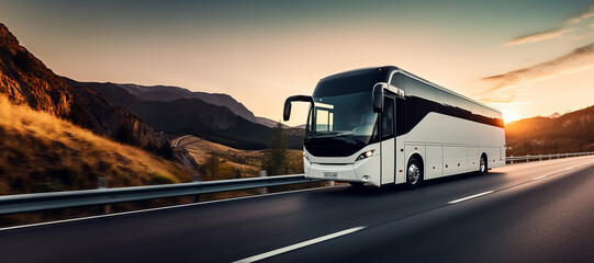 Intercity bus rides on a highway. Copy space, 21:9 aspect ratio. - obrazy, fototapety, plakaty