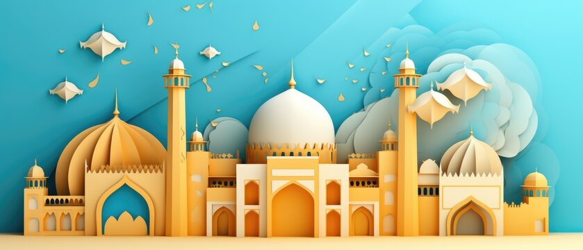 Islamic Eid Mubarak background, Ramadan Kareem, mosque, moon, lantern. Paper art style