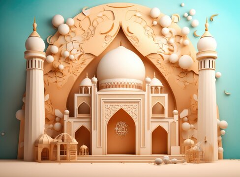 Islamic Eid Mubarak background, Ramadan Kareem, mosque, moon, lantern. Paper art style