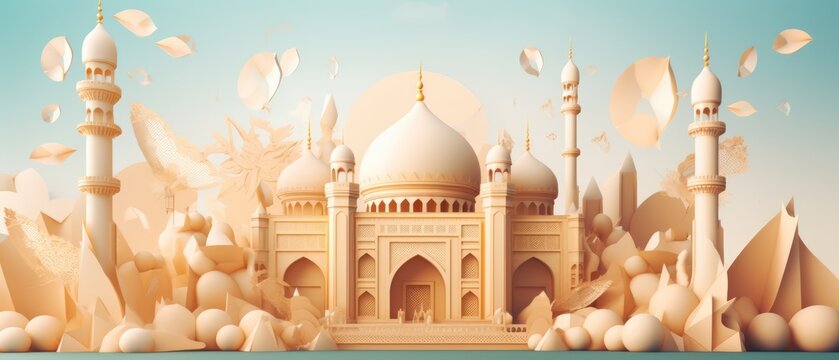 Islamic Eid Mubarak background, Ramadan Kareem, mosque, moon, lantern. Paper art style