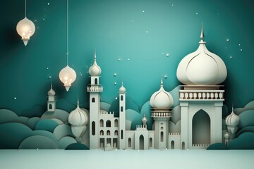 Islamic Eid Mubarak background, Ramadan Kareem, mosque, moon, lantern. Paper art style