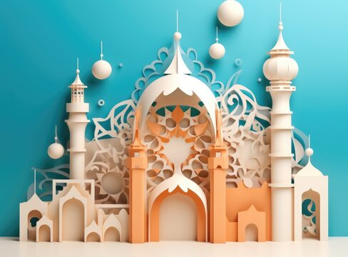 Islamic Eid Mubarak background, Ramadan Kareem, mosque, moon, lantern. Paper art style