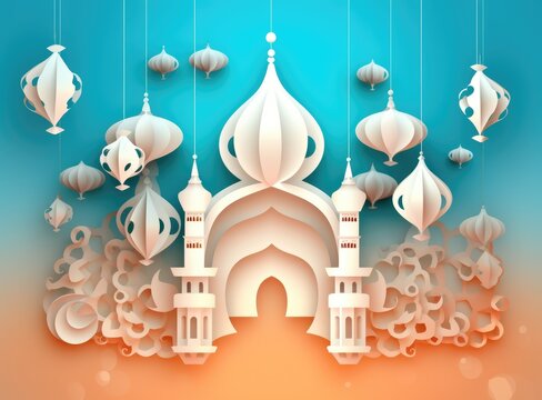 Islamic Eid Mubarak background, Ramadan Kareem, mosque, moon, lantern. Paper art style