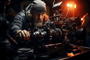 Fototapeta na wymiar Movie Camera Operator Capturing A Dynamic Scene, Generative AI