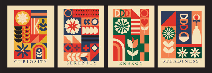 Modern Bauhaus poster, banner, cover. Geometric abstract mural background. Geometric mosaic, shapes, flowers, rainbows. Retro vintage tiles and blocks.