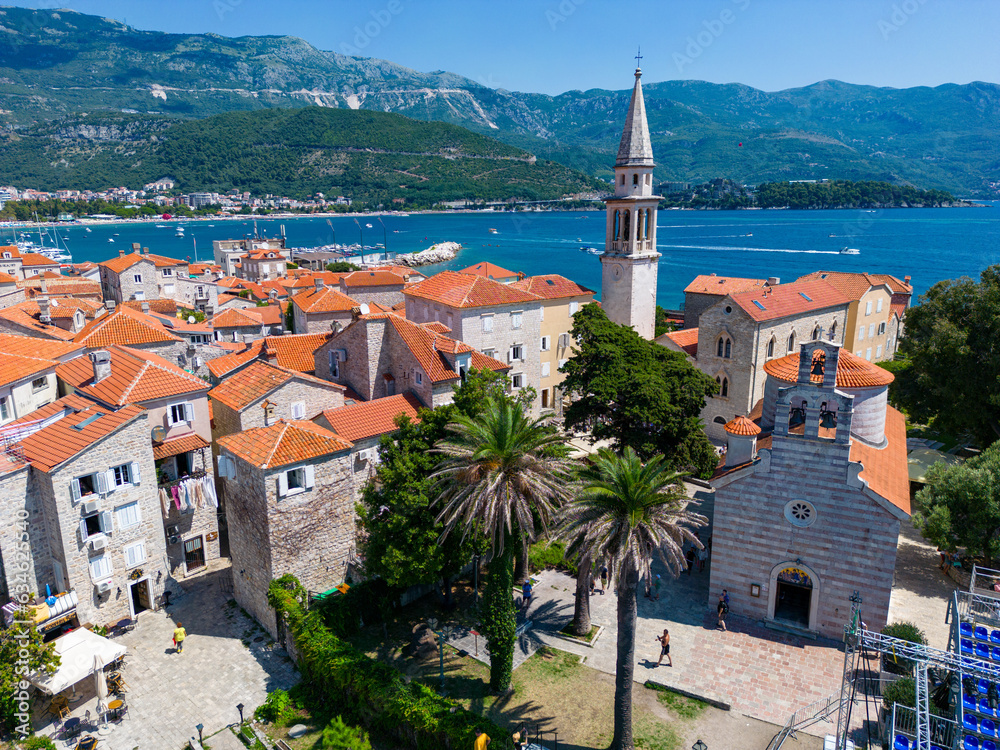 Canvas Prints City of Budva in Montenegro. Aerial view of Old Town. Popular tourist destination in Montenegro. Balkans. Europe.