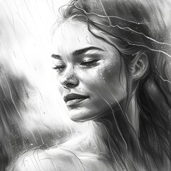 Sketch of a woman with a wet face, black and white woman drawing in a poster style