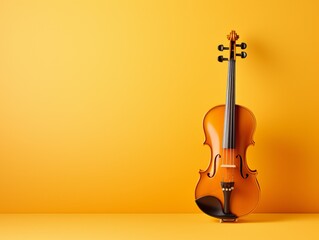 Classical music concert poster with orange color violin on yellow background with copy space for your text. generative ai
