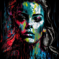 Sensual woman with a wet face sketch in charcoal, combined with pop art style and infused with paint featuring fluorescent colors