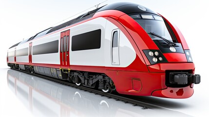 Fototapeta premium Red modern high speed passenger commuter train isolated on white background