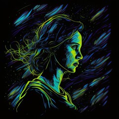 
Neon portrait of a woman drawn with pencils, charcoal, and markers in an abstract style, featuring a wet face