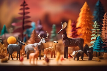 Abstract colorful forest with trees, deers and birds made of paper. Generative AI