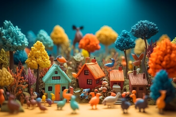 Abstract colorful forest with trees, deers and birds made of paper. Generative AI