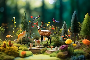Abstract colorful forest with trees, deers and birds made of paper. Generative AI