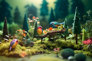 Abstract colorful forest with trees, deers and birds made of paper. Generative AI