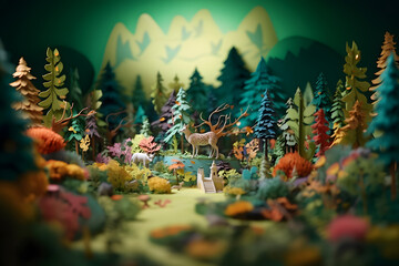 Abstract colorful forest with trees, deers and birds made of paper. Generative AI