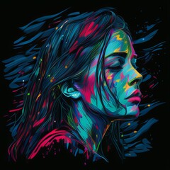 Colorful and abstract portrait of a woman created with vibrant pencil and paint strokes in an impressionistic style, suitable for posters