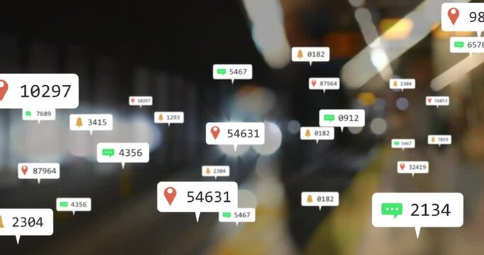 Animation of changing numbers, icon in notification bars, blurred train arriving at subway station