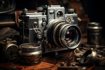Fototapeta na wymiar Vintage Film Camera And Reels, Generative AI