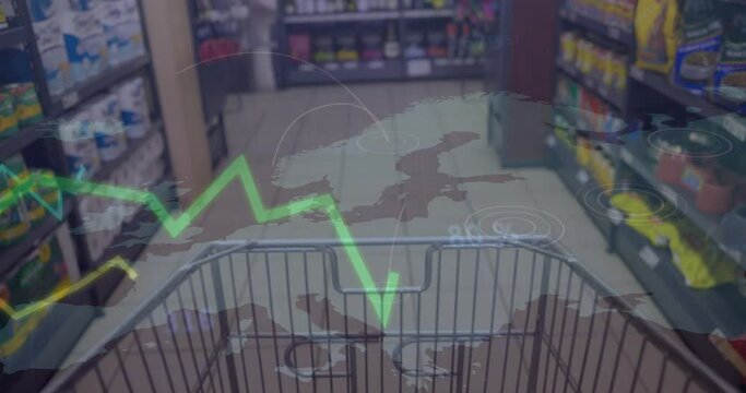 Animation of graphs, changing numbers and map, overhead view of shopping cart in supermarket