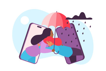 Online therapy, psychology help and support in depression and stress vector illustration. Cartoon female counselor holding umbrella to protect from rain and comfort, hugging sad girl from phone