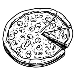 Outline pizza slices, whole pizza. Vector simple Doodle style