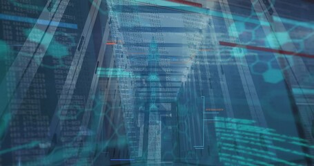 Animation of molecule structures and computer language over low angle view of server room - Powered by Adobe