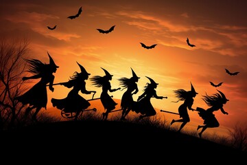 Silhouettes of witches flying on broomsticks against an orange twilight sky bats fluttering around a creepy moon - Halloween theme
