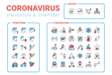 Coronavirus pandemic infographic icons set. Covid 19 prevention, symptoms and avoid. Virus icons set for websites. 2019 nCoV protection tips