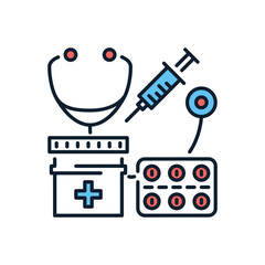 Health Care related vector thin line icon. Stethoscope, pills, medicine jar and syringe. Isolated on black background. Editable stroke. Vector illustration