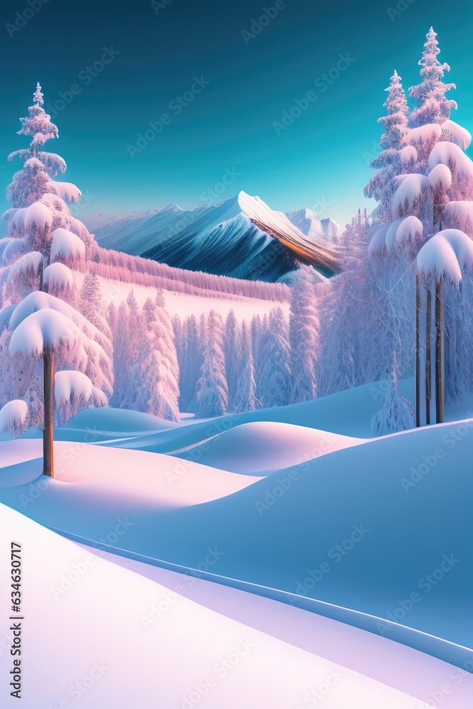 Poster beautiful winter landscape with fir trees in a snowy forest. ai generated.