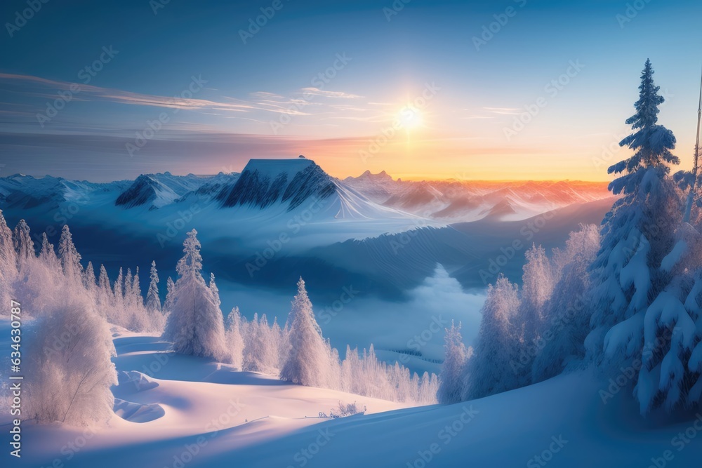 Poster beautiful winter landscape with fir trees in a snowy forest. ai generated.