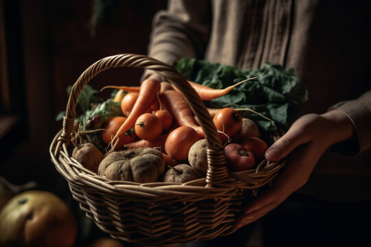 Raw vegetables in the basket in hands of farmer. Generative AI